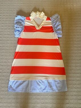 Red & White Striped Mini Dress with Blue Stripe Trim